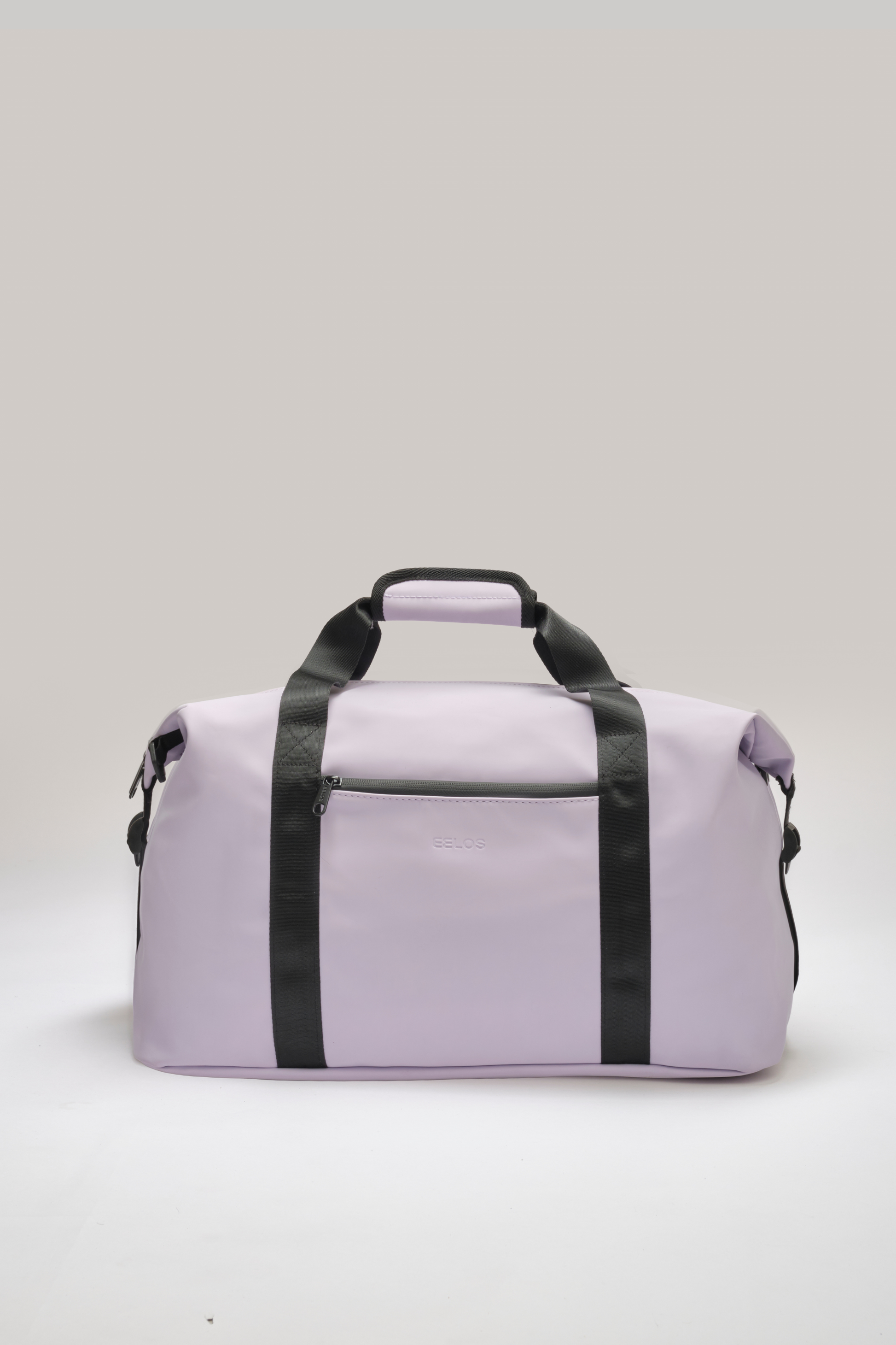 A light purple duffel bag with black handles and vertical straps, shown against a neutral light gray background.