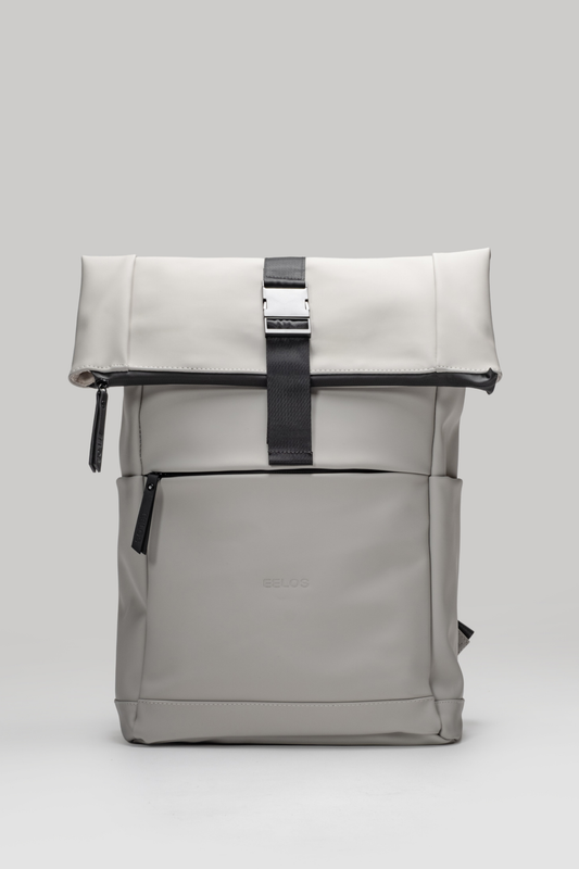 Gray roll-top backpack with black straps on a light gray background